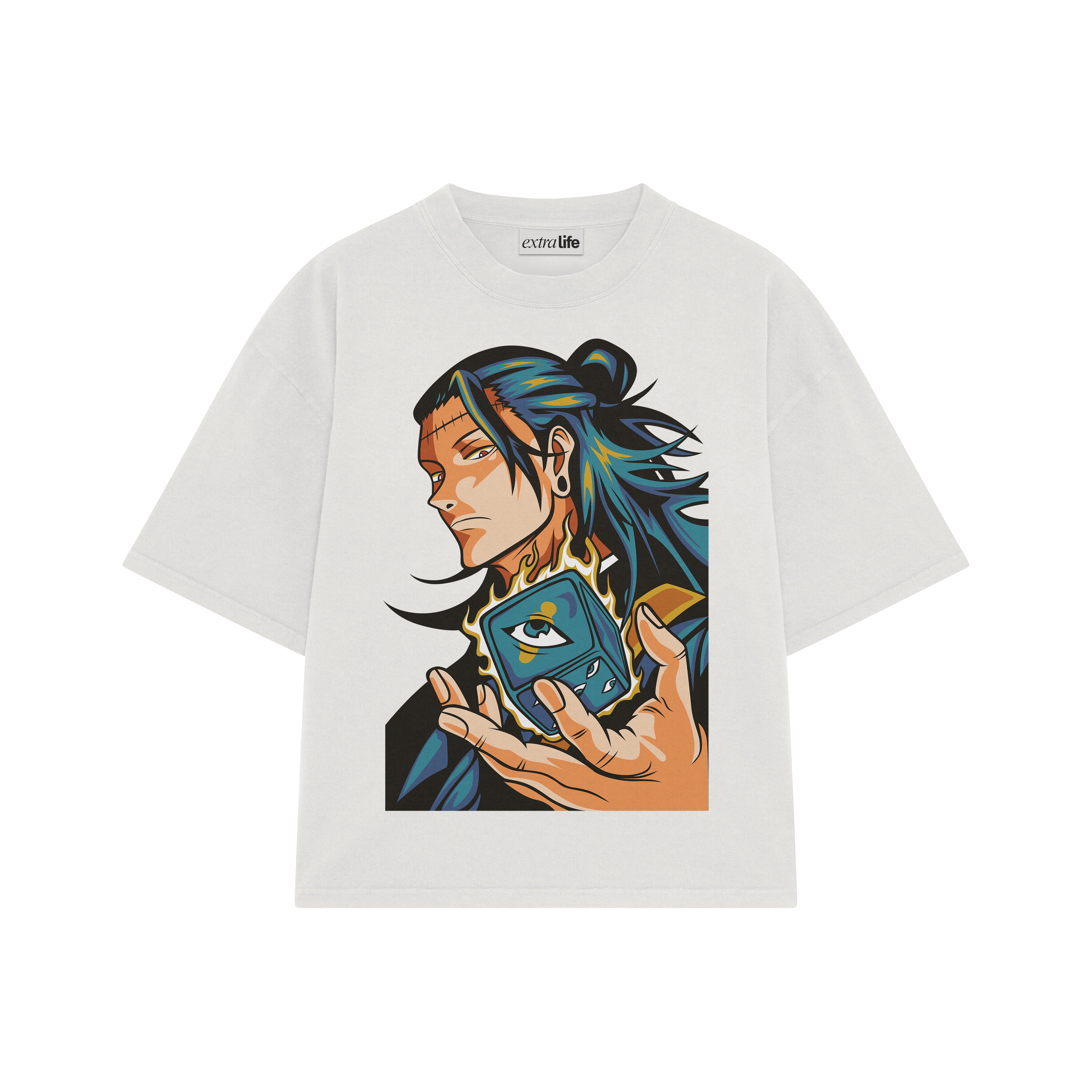 Playera streetwear premium de anime y gaming ExtraLife MX, corte boxy oversized drop shoulder heavyweight en color Deep Black y Off-White, moda urbana mexicana de culto.