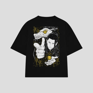 Playera streetwear premium de anime y gaming ExtraLife MX, corte boxy oversized drop shoulder heavyweight en color Deep Black y Off-White, moda urbana mexicana de culto.