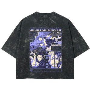 Playera streetwear premium de anime y gaming ExtraLife MX, corte boxy deluxe mineral wash heavyweight en color Acid Wash, moda urbana mexicana de culto.