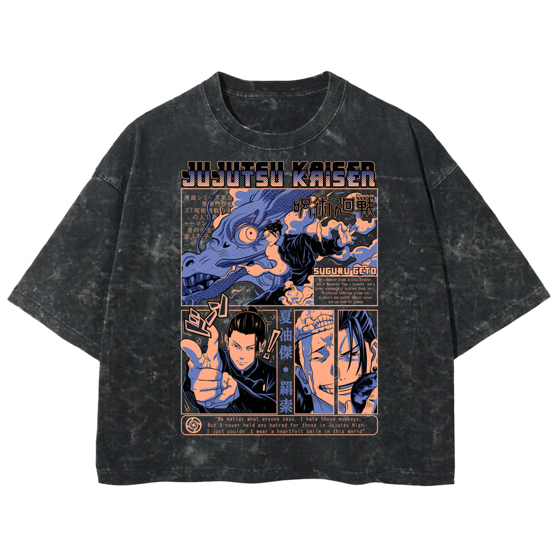 Playera streetwear premium de anime y gaming ExtraLife MX, corte boxy deluxe mineral wash heavyweight en color Acid Wash, moda urbana mexicana de culto.