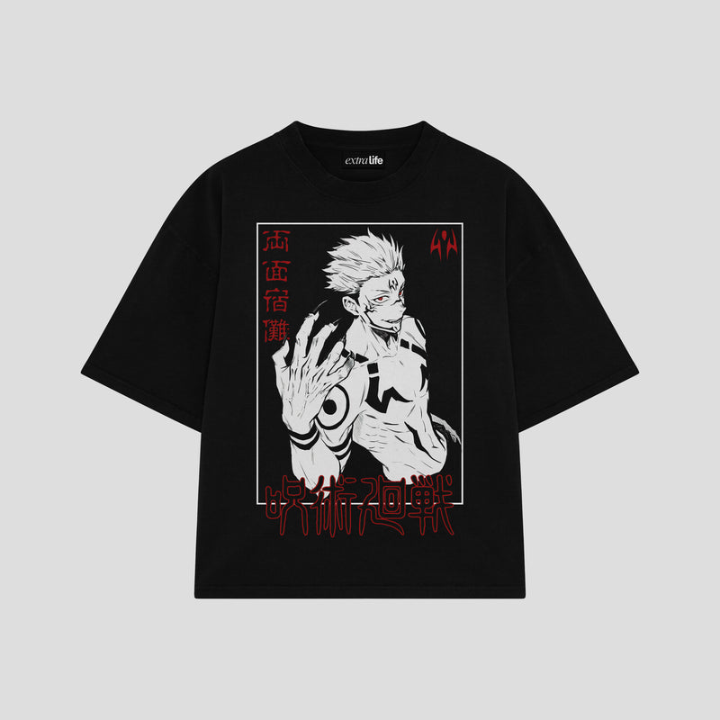 Playera streetwear premium de anime y gaming ExtraLife MX, corte boxy oversized drop shoulder heavyweight en color Deep Black y Off-White, moda urbana mexicana de culto.