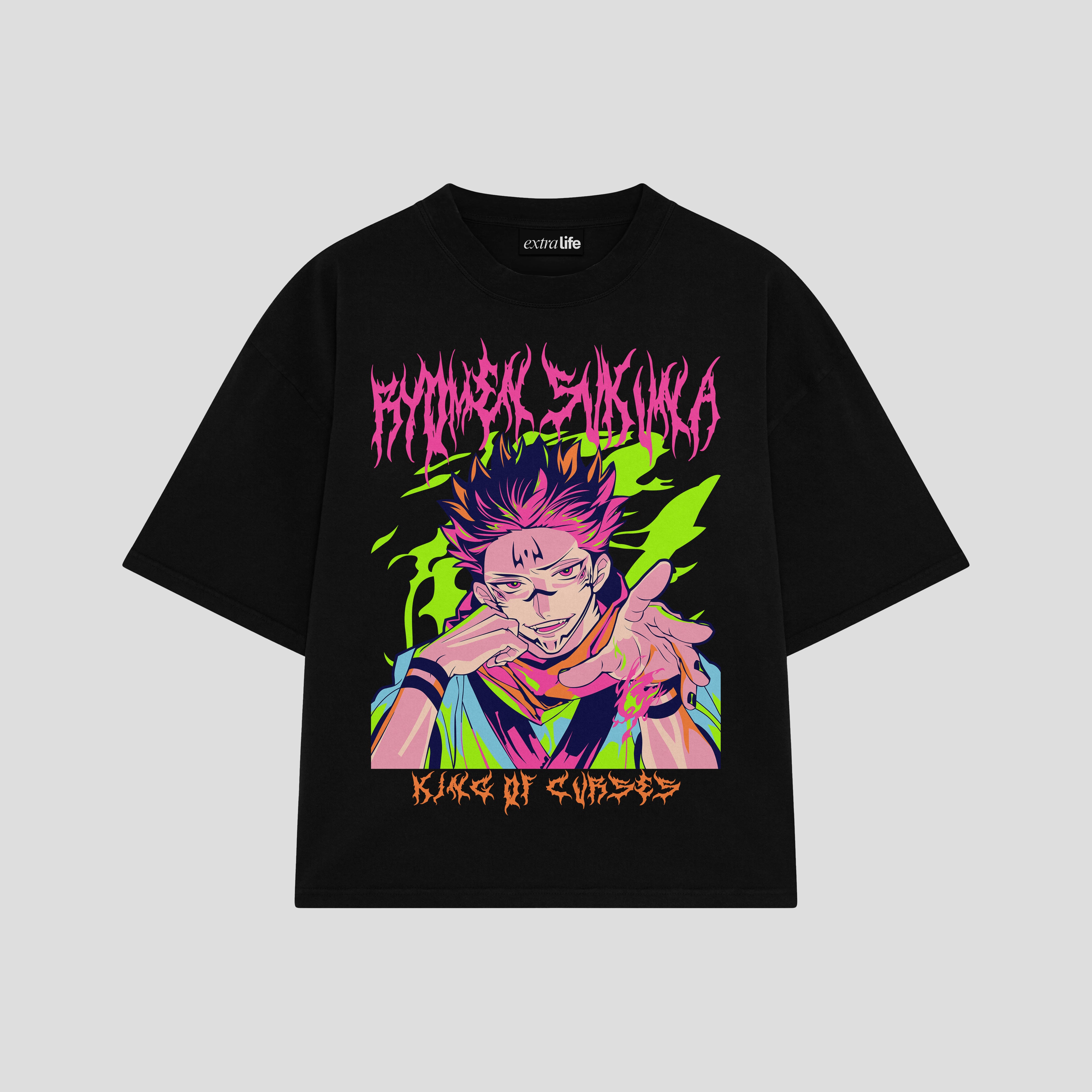 Playera streetwear premium de anime y gaming ExtraLife MX, corte boxy oversized drop shoulder heavyweight en color Deep Black y Off-White, moda urbana mexicana de culto.