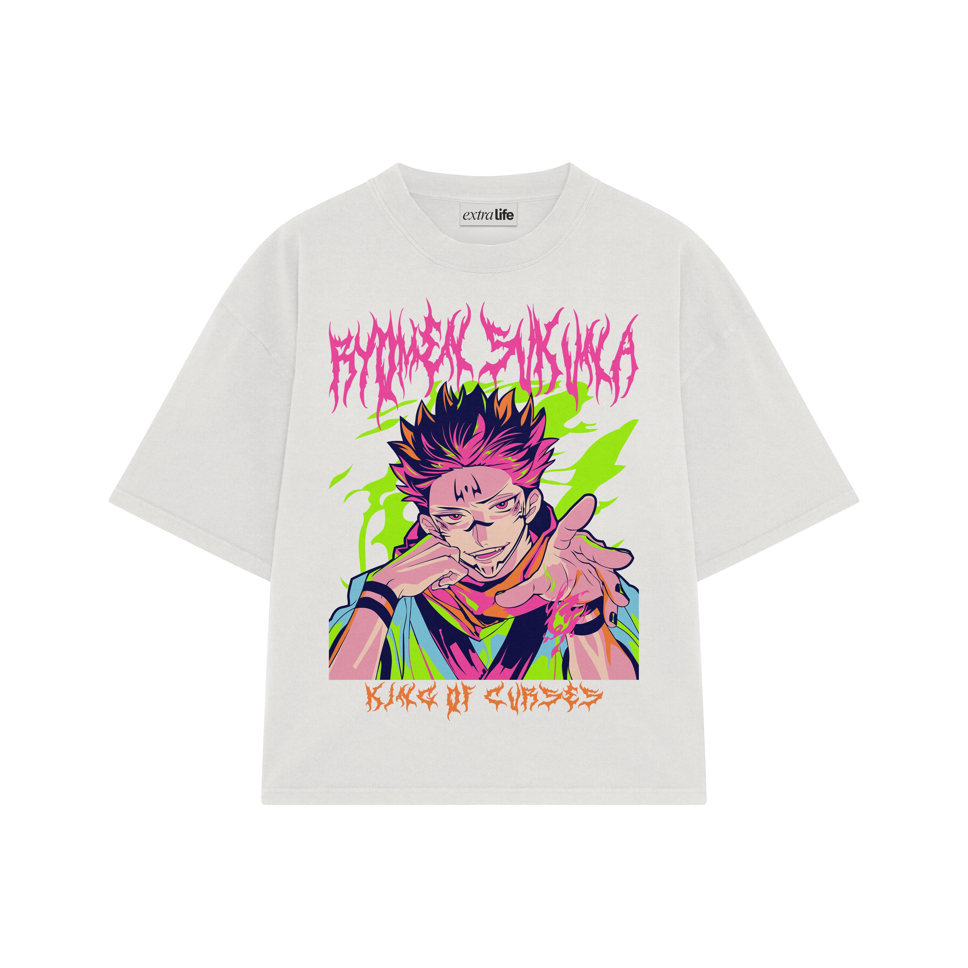 Playera streetwear premium de anime y gaming ExtraLife MX, corte boxy oversized drop shoulder heavyweight en color Deep Black y Off-White, moda urbana mexicana de culto.