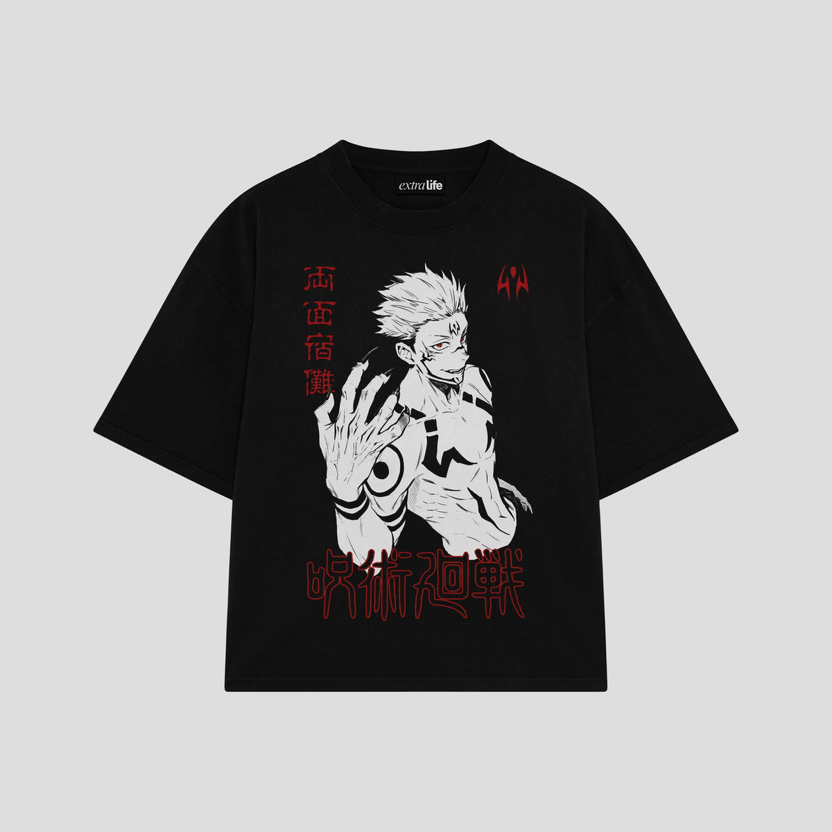 Playera streetwear premium de anime y gaming ExtraLife MX, corte oversized drop shoulder ligero y fresco en color Deep Black y Off-White, moda urbana mexicana de culto.