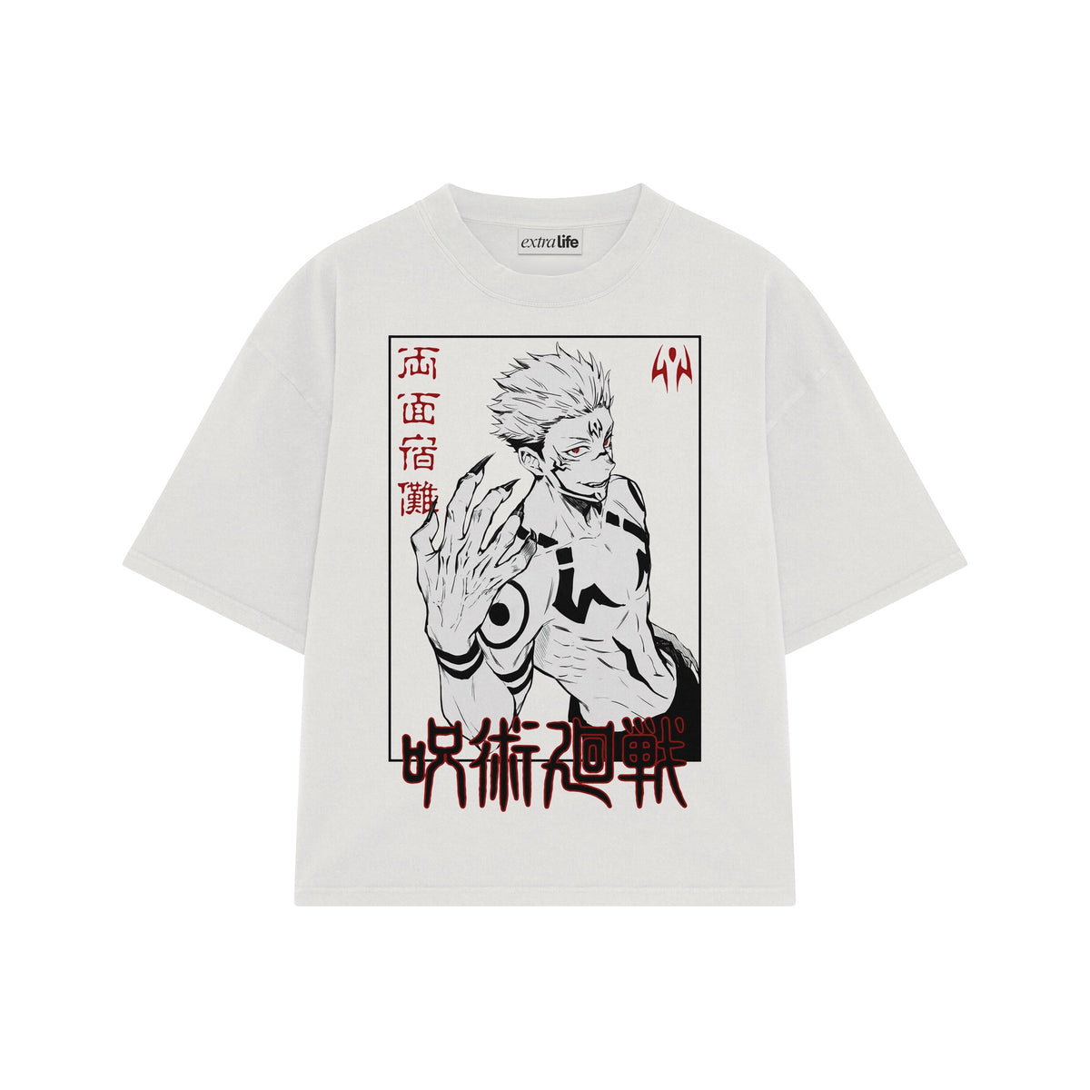 Playera streetwear premium de anime y gaming ExtraLife MX, corte oversized drop shoulder ligero y fresco en color Deep Black y Off-White, moda urbana mexicana de culto.