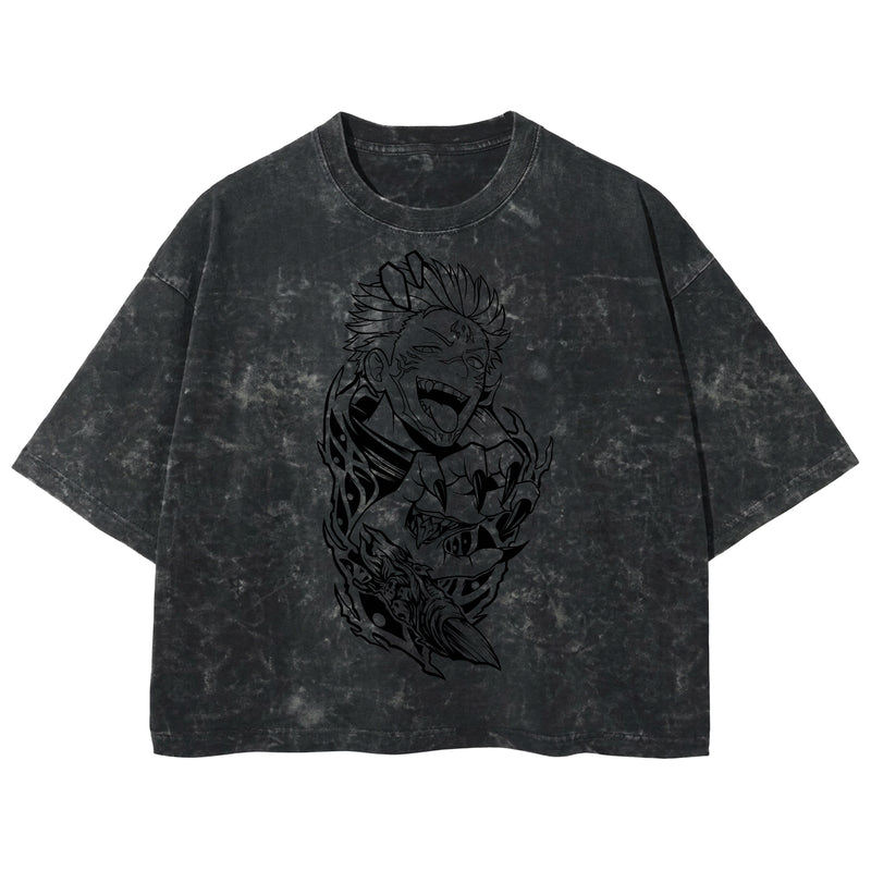 Playera streetwear premium de anime y gaming ExtraLife MX, corte boxy deluxe mineral wash heavyweight en color Acid Wash, moda urbana mexicana de culto.