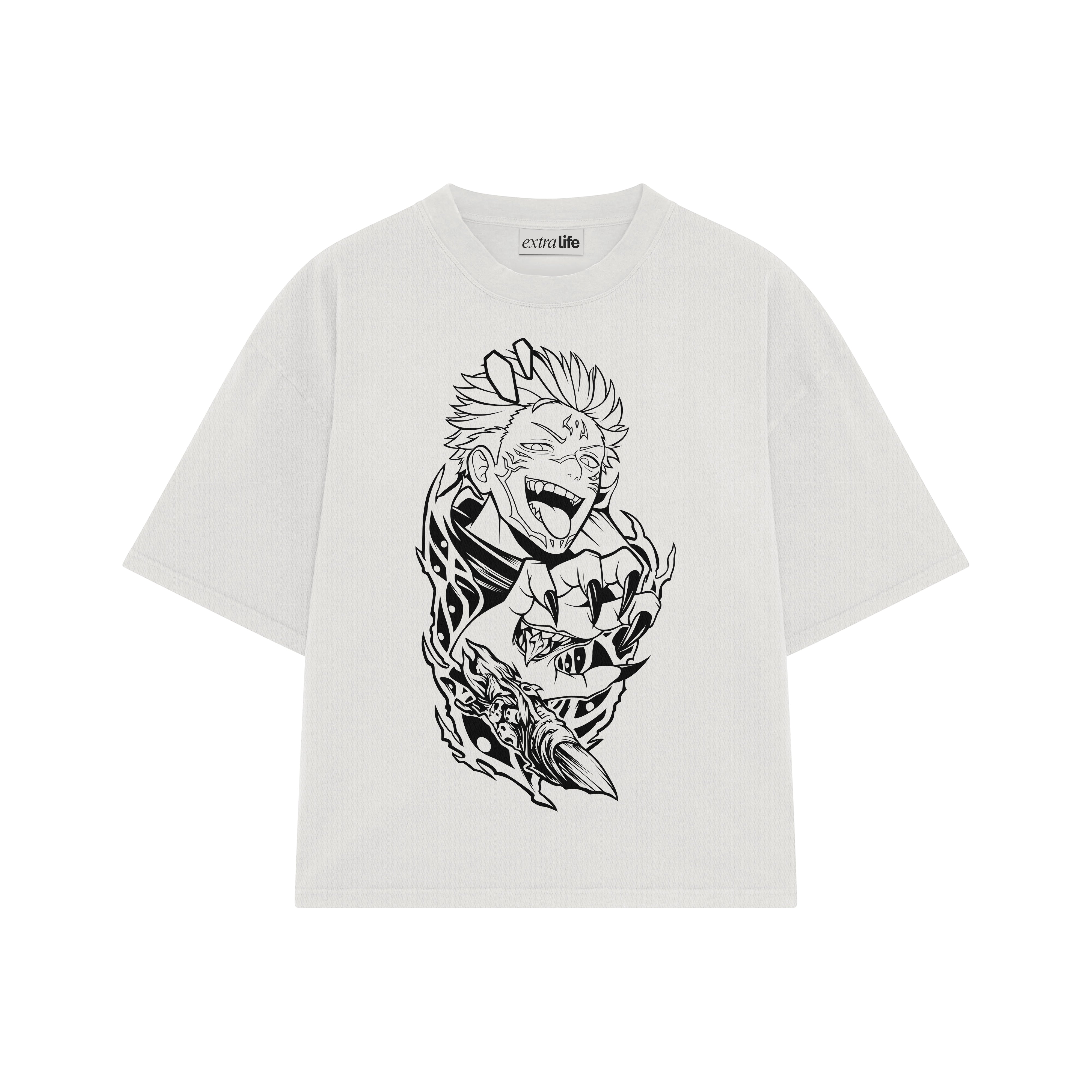 Playera streetwear premium de anime y gaming ExtraLife MX, corte boxy oversized drop shoulder heavyweight en color Deep Black y Off-White, moda urbana mexicana de culto.