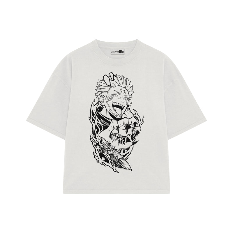 Playera streetwear premium de anime y gaming ExtraLife MX, corte boxy oversized drop shoulder heavyweight en color Deep Black y Off-White, moda urbana mexicana de culto.