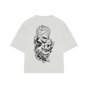 Playera streetwear premium de anime y gaming ExtraLife MX, corte boxy oversized drop shoulder heavyweight en color Deep Black y Off-White, moda urbana mexicana de culto.
