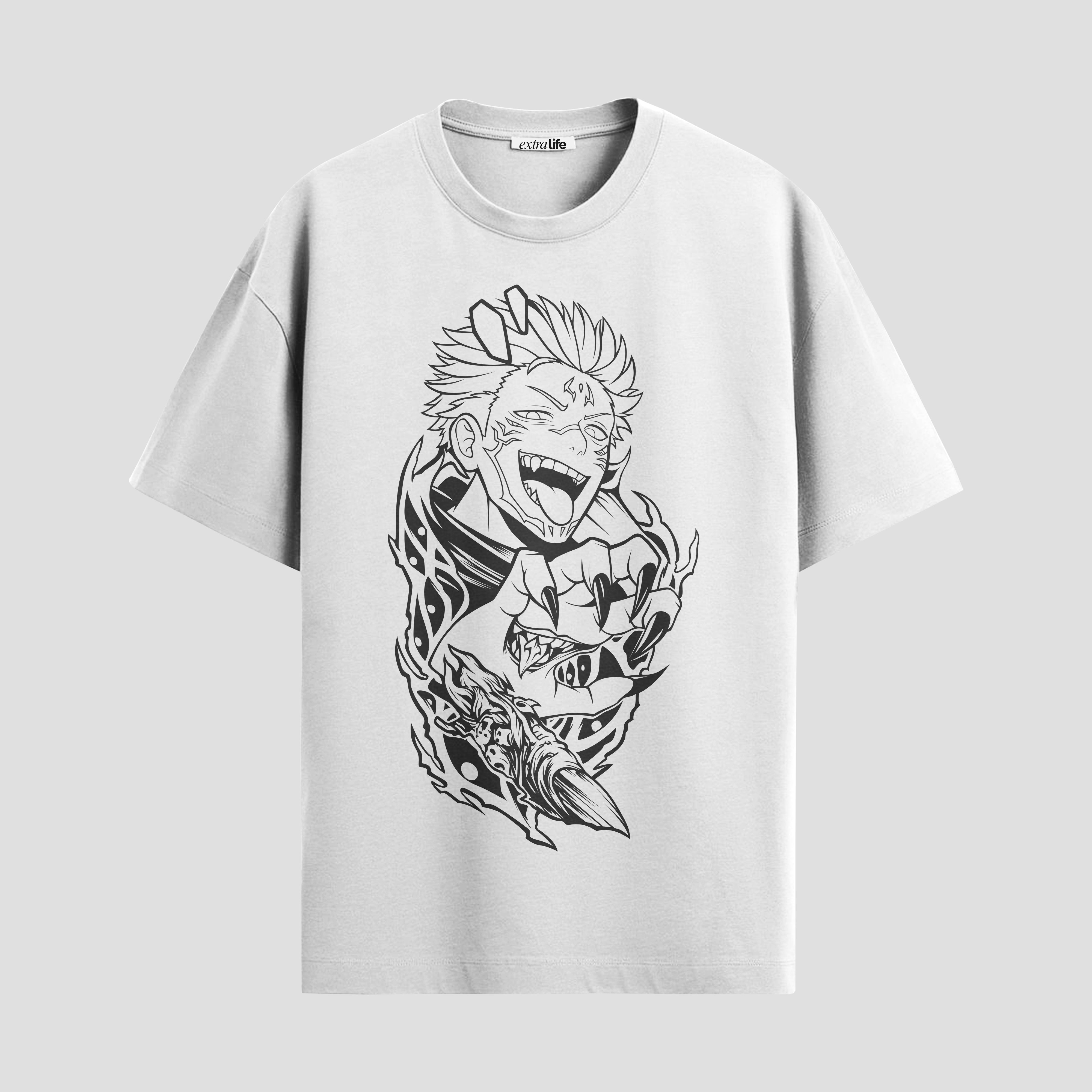 Playera urbana de anime y gaming ExtraLife MX, corte Standard Fit unisex ligero y transpirable en color Deep Black y Pure White, ropa de uso diario para gym y casual.
