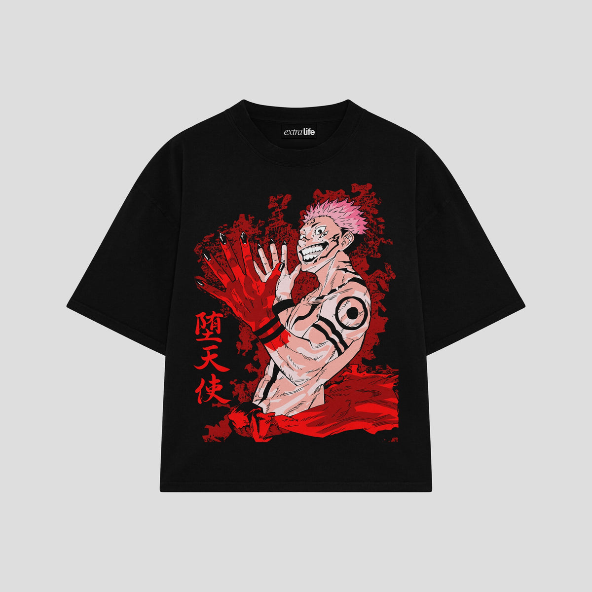 Playera streetwear premium de anime y gaming ExtraLife MX, corte oversized drop shoulder ligero y fresco en color Deep Black y Off-White, moda urbana mexicana de culto.