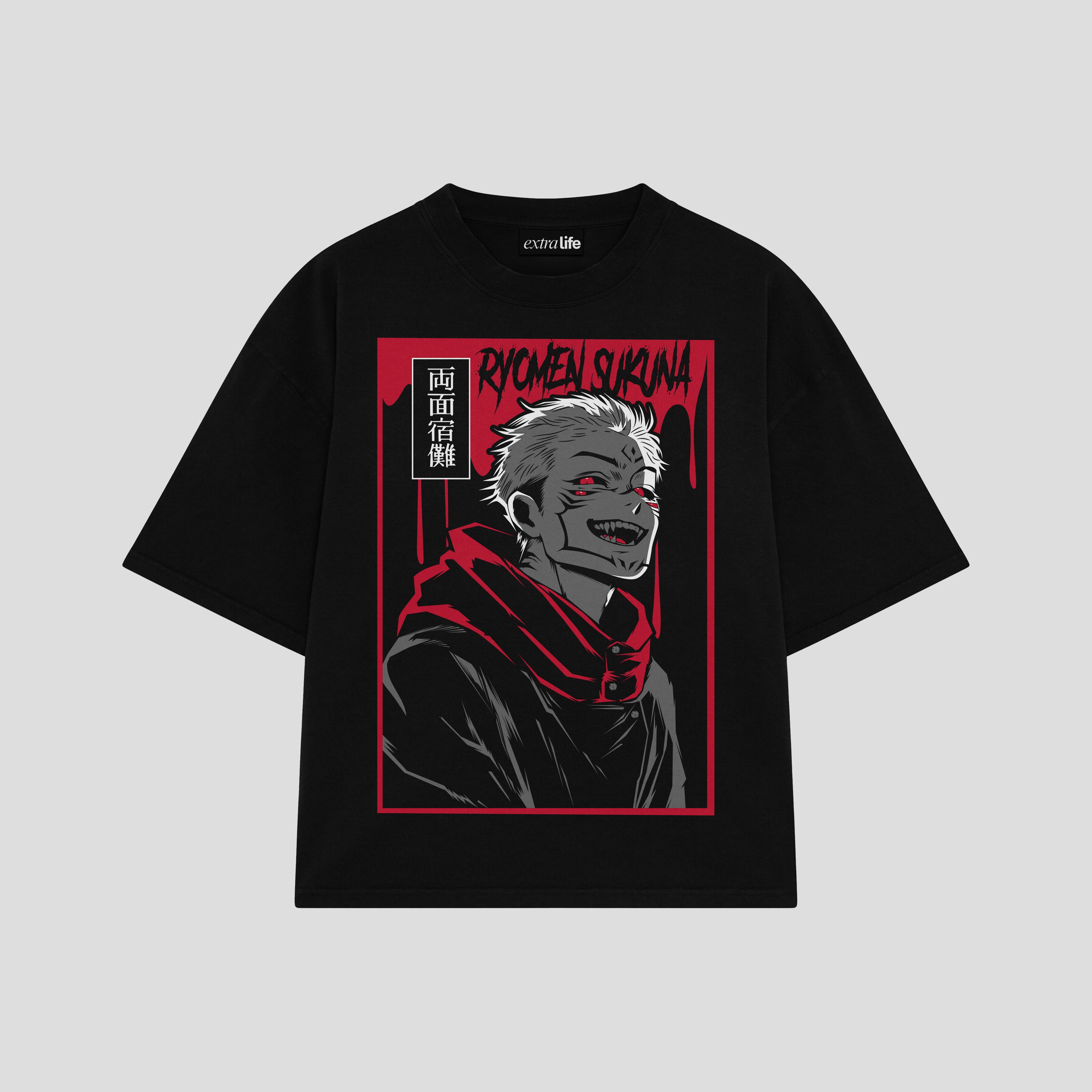 Playera streetwear premium de anime y gaming ExtraLife MX, corte boxy oversized drop shoulder heavyweight en color Deep Black y Off-White, moda urbana mexicana de culto.