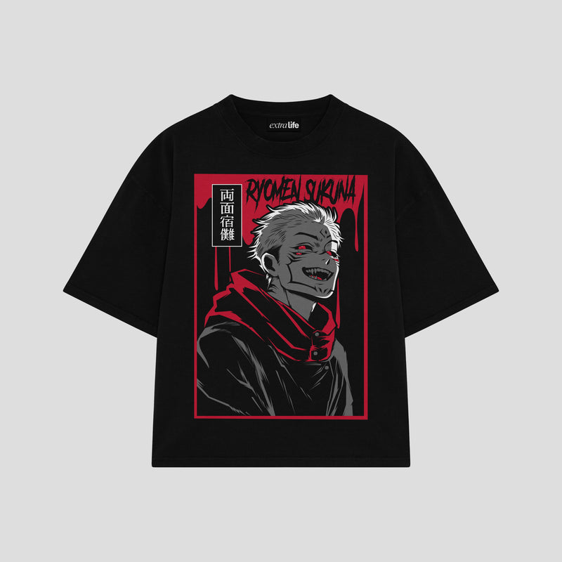 Playera streetwear premium de anime y gaming ExtraLife MX, corte boxy oversized drop shoulder heavyweight en color Deep Black y Off-White, moda urbana mexicana de culto.
