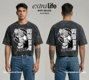 Playera streetwear premium de anime y gaming ExtraLife MX, corte boxy deluxe mineral wash heavyweight en color Acid Wash, moda urbana mexicana de culto.