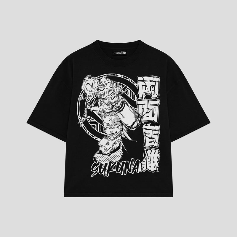 Playera streetwear premium de anime y gaming ExtraLife MX, corte boxy oversized drop shoulder heavyweight en color Deep Black y Off-White, moda urbana mexicana de culto.