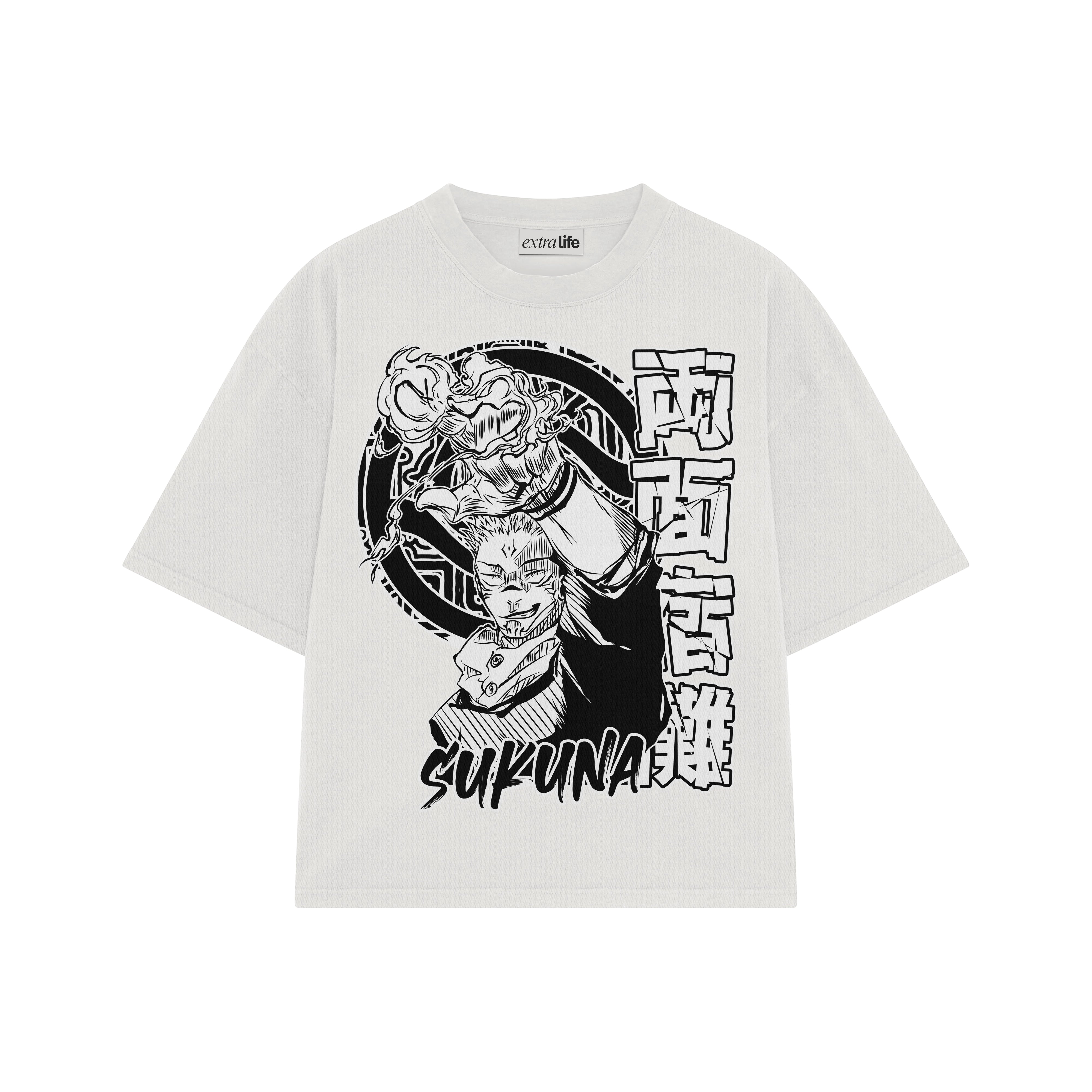Playera streetwear premium de anime y gaming ExtraLife MX, corte boxy oversized drop shoulder heavyweight en color Deep Black y Off-White, moda urbana mexicana de culto.