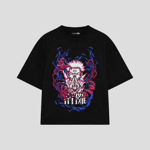 Playera streetwear premium de anime y gaming ExtraLife MX, corte boxy oversized drop shoulder heavyweight en color Deep Black y Off-White, moda urbana mexicana de culto.