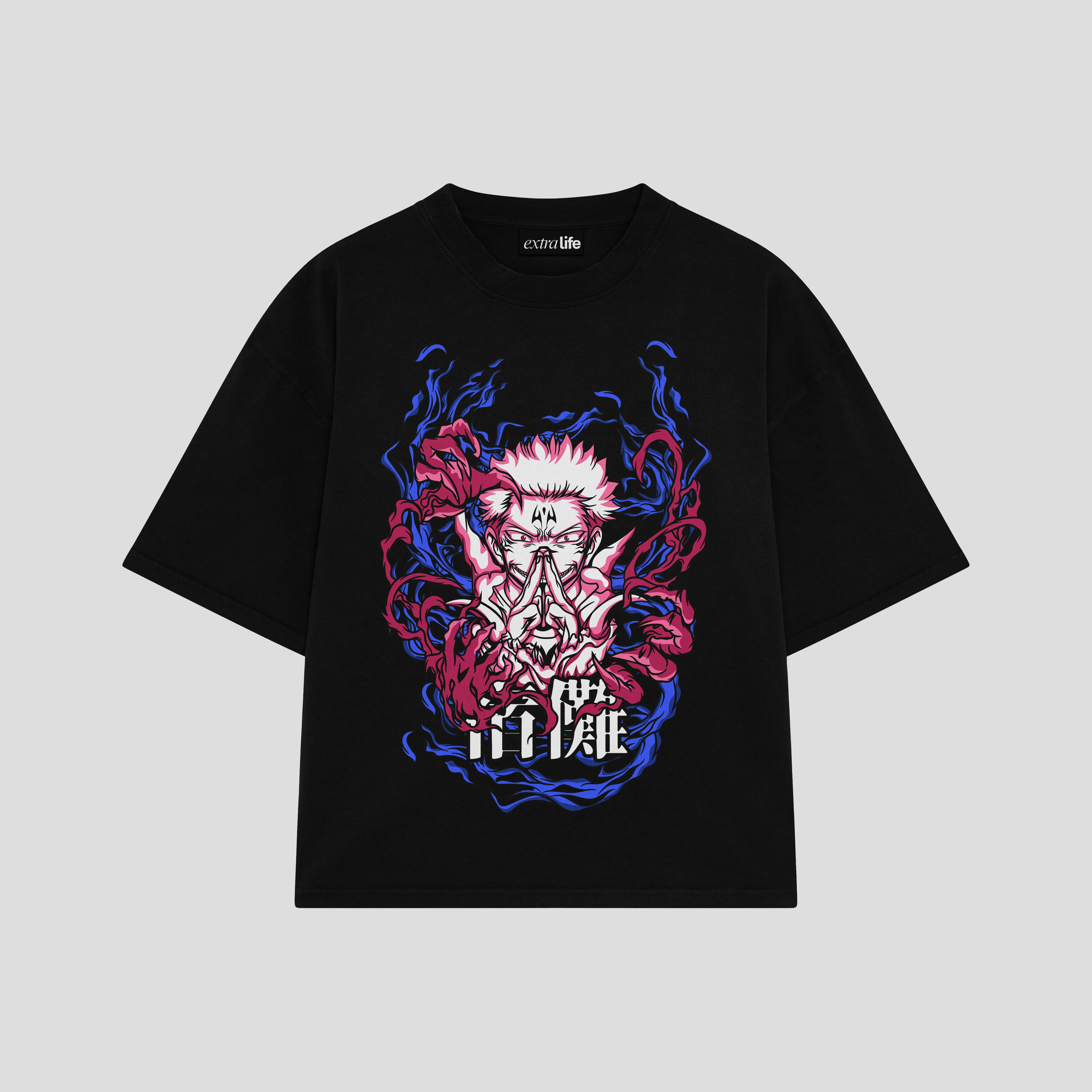 Playera streetwear premium de anime y gaming ExtraLife MX, corte boxy oversized drop shoulder heavyweight en color Deep Black y Off-White, moda urbana mexicana de culto.