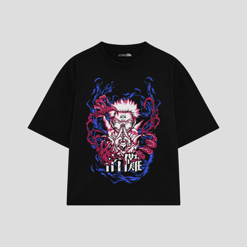 Playera streetwear premium de anime y gaming ExtraLife MX, corte boxy oversized drop shoulder heavyweight en color Deep Black y Off-White, moda urbana mexicana de culto.