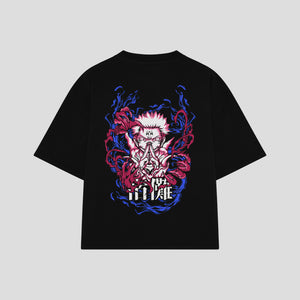 Playera streetwear premium de anime y gaming ExtraLife MX, corte boxy oversized drop shoulder heavyweight en color Deep Black y Off-White, moda urbana mexicana de culto.
