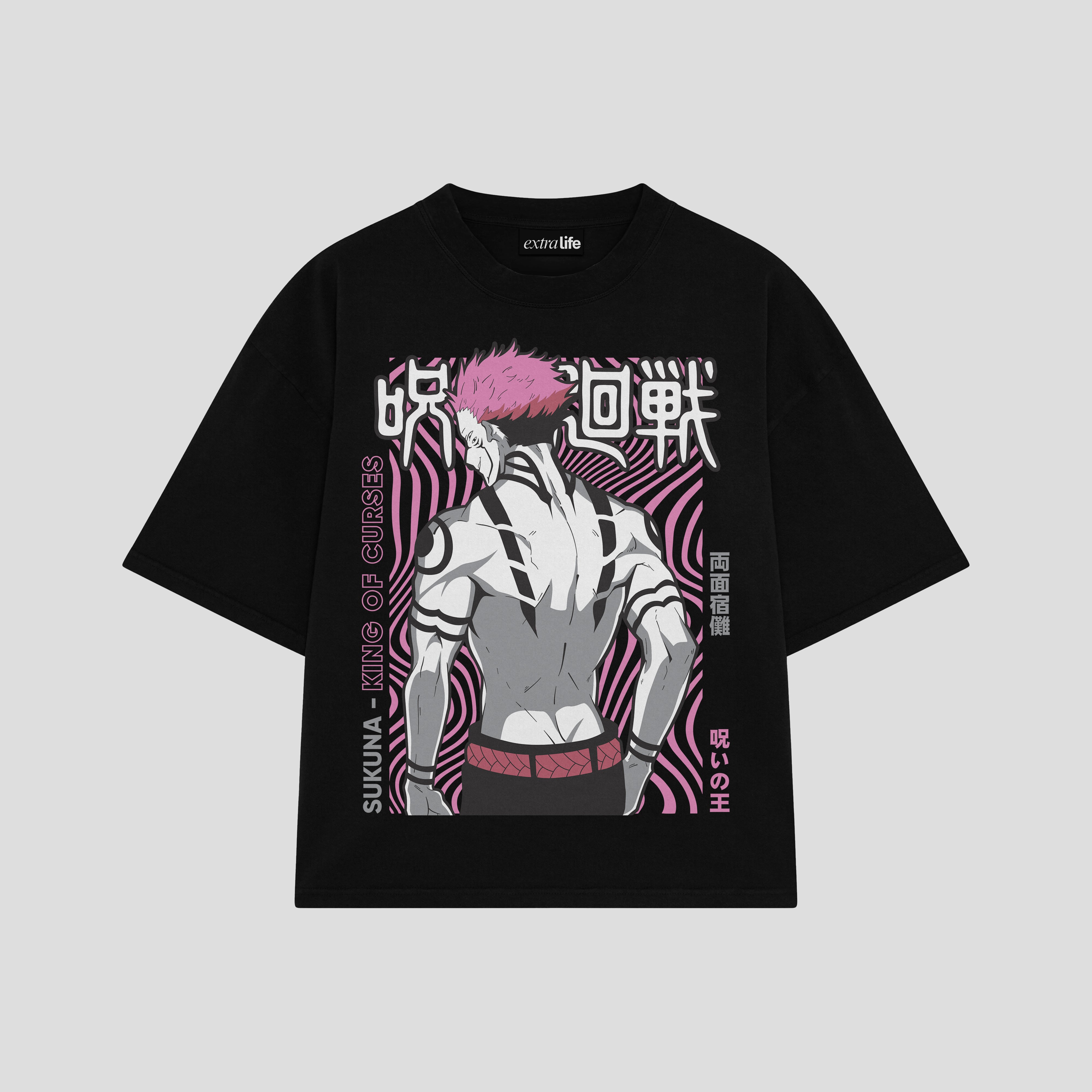 Playera streetwear premium de anime y gaming ExtraLife MX, corte boxy oversized drop shoulder heavyweight en color Deep Black y Off-White, moda urbana mexicana de culto.