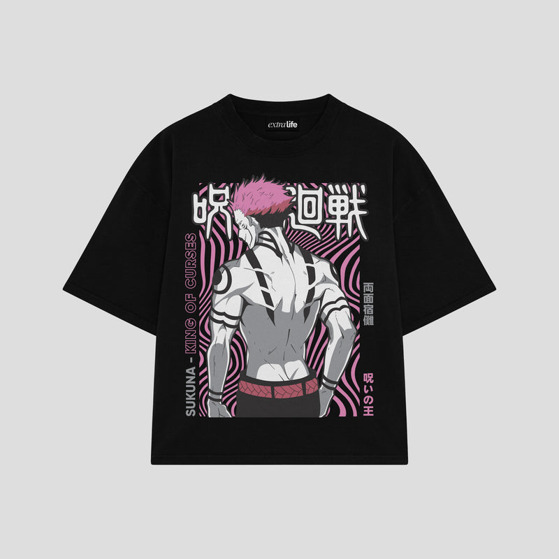 Playera streetwear premium de anime y gaming ExtraLife MX, corte boxy oversized drop shoulder heavyweight en color Deep Black y Off-White, moda urbana mexicana de culto.