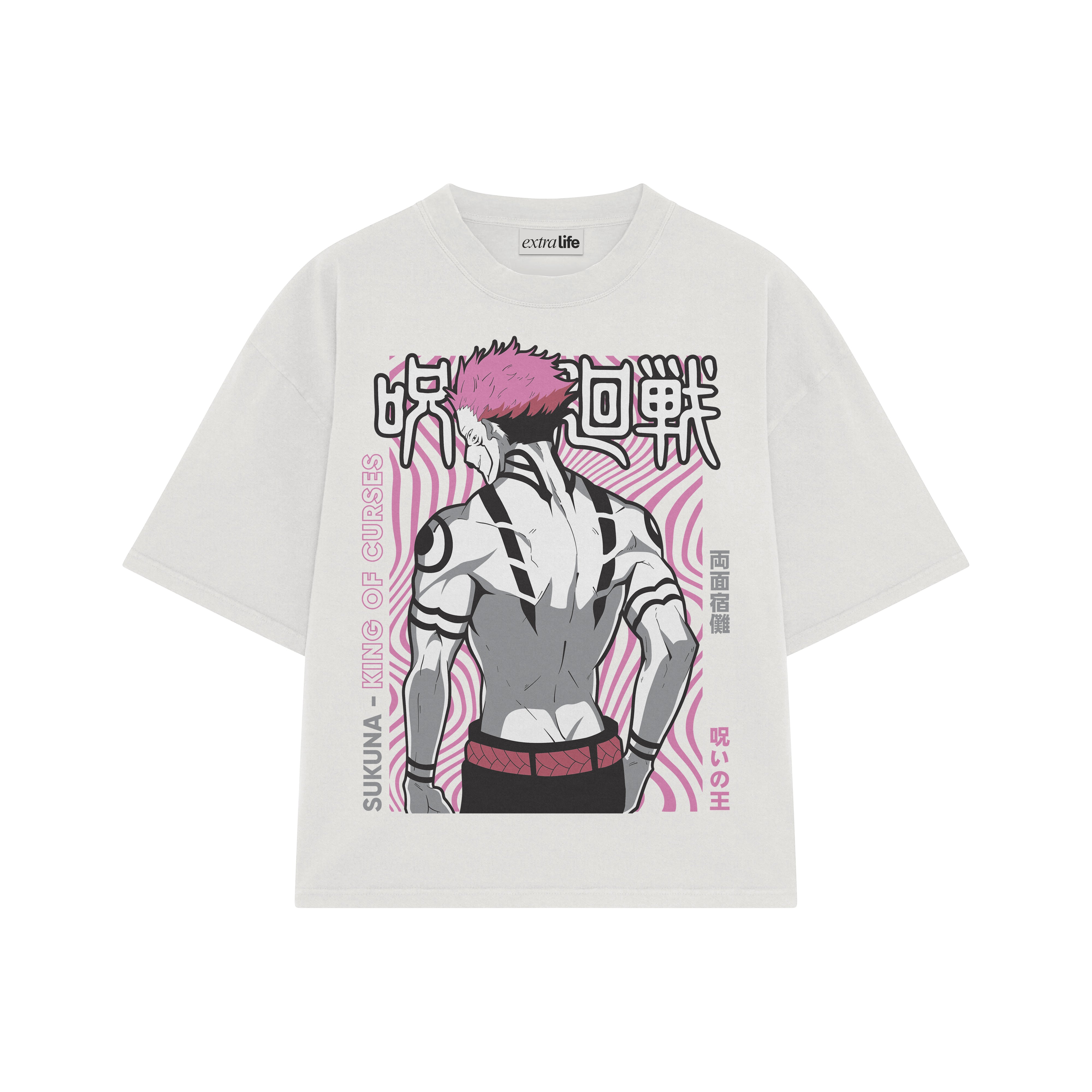 Playera streetwear premium de anime y gaming ExtraLife MX, corte boxy oversized drop shoulder heavyweight en color Deep Black y Off-White, moda urbana mexicana de culto.