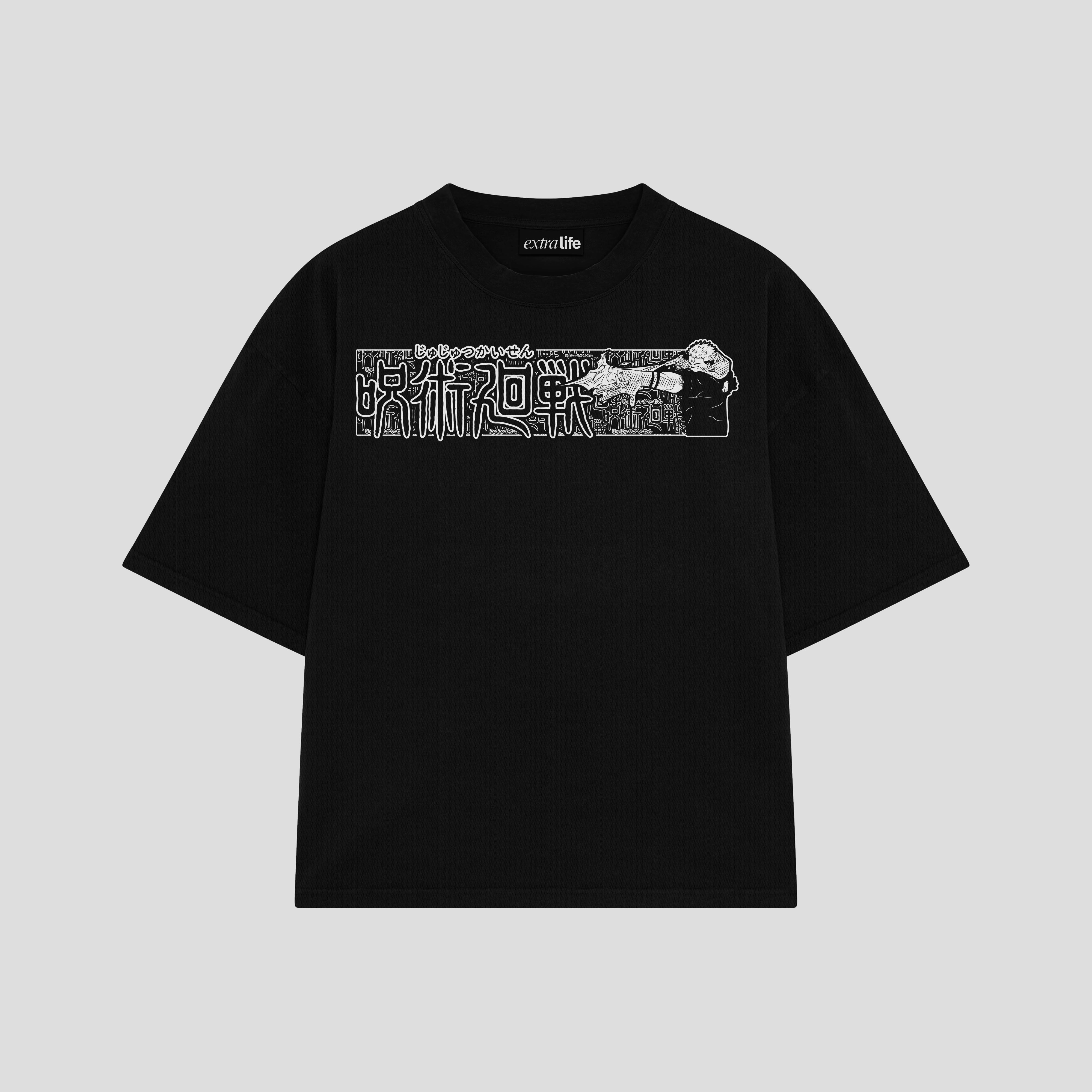 Playera streetwear premium de anime y gaming ExtraLife MX, corte boxy oversized drop shoulder heavyweight en color Deep Black y Off-White, moda urbana mexicana de culto.