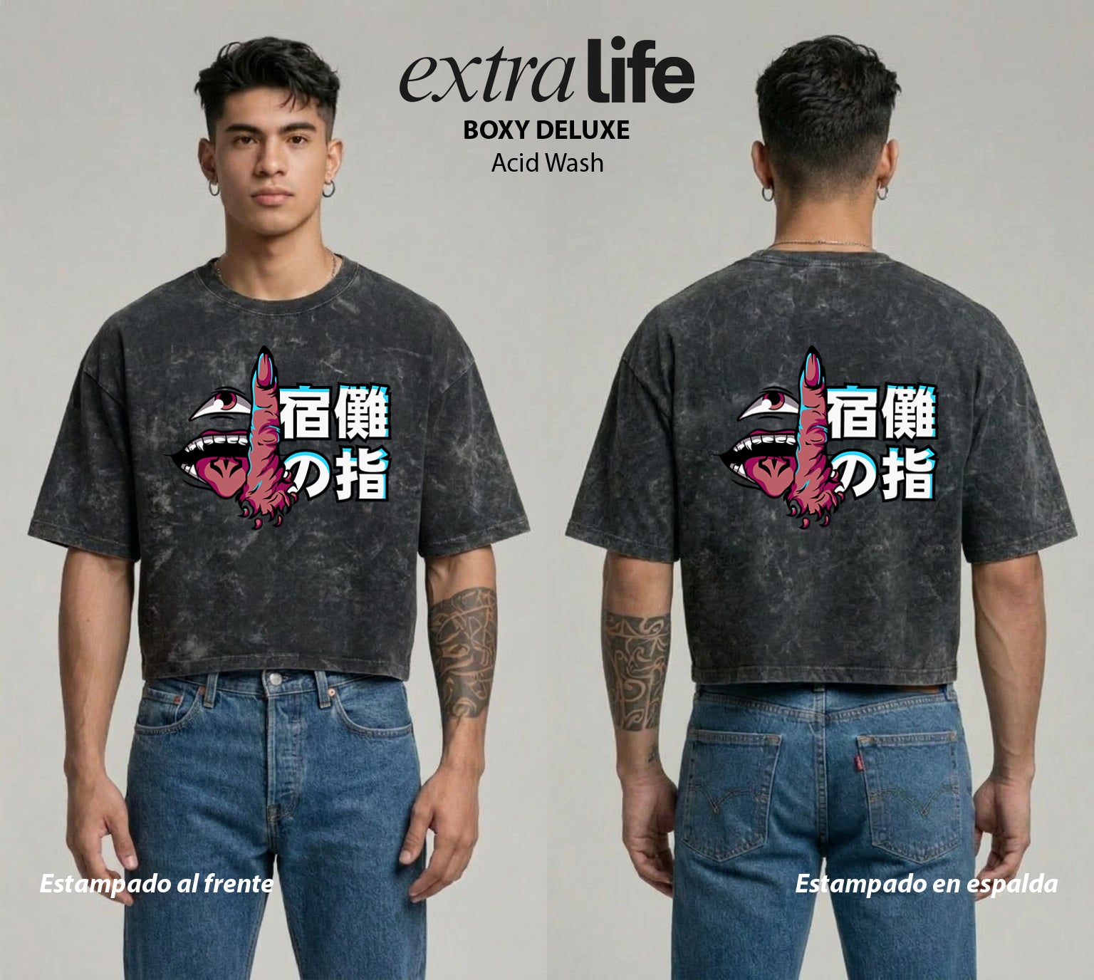 Playera streetwear premium de anime y gaming ExtraLife MX, corte boxy deluxe mineral wash heavyweight en color Acid Wash, moda urbana mexicana de culto.