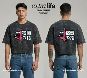 Playera streetwear premium de anime y gaming ExtraLife MX, corte boxy deluxe mineral wash heavyweight en color Acid Wash, moda urbana mexicana de culto.