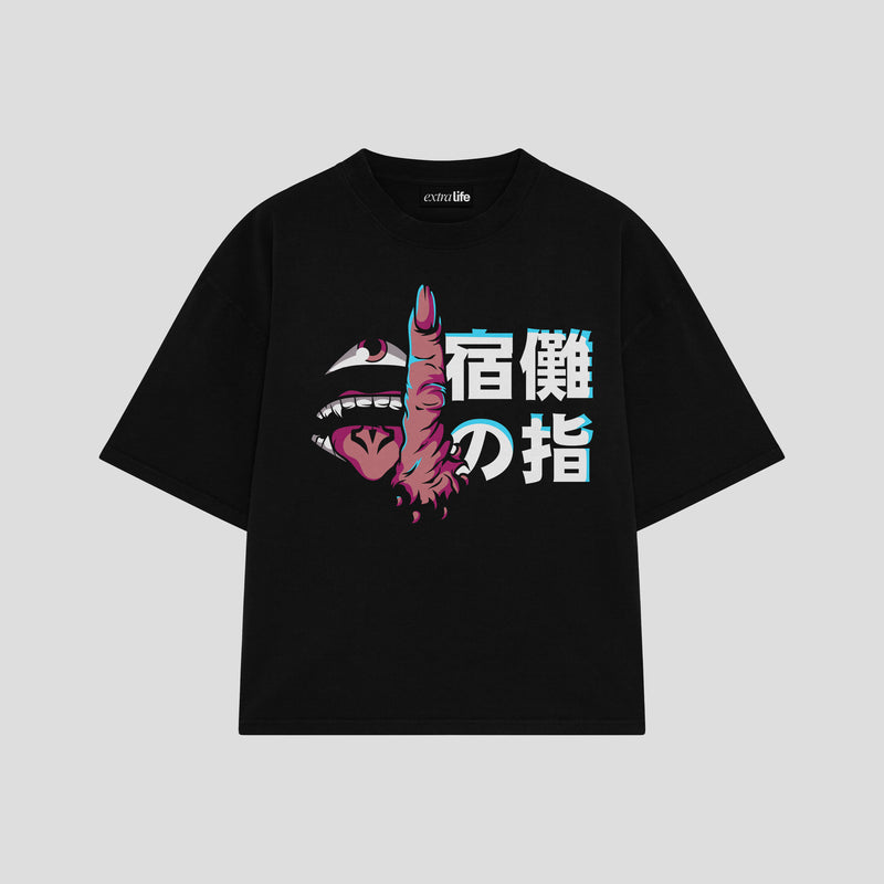 Playera streetwear premium de anime y gaming ExtraLife MX, corte boxy oversized drop shoulder heavyweight en color Deep Black y Off-White, moda urbana mexicana de culto.