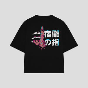 Playera streetwear premium de anime y gaming ExtraLife MX, corte boxy oversized drop shoulder heavyweight en color Deep Black y Off-White, moda urbana mexicana de culto.