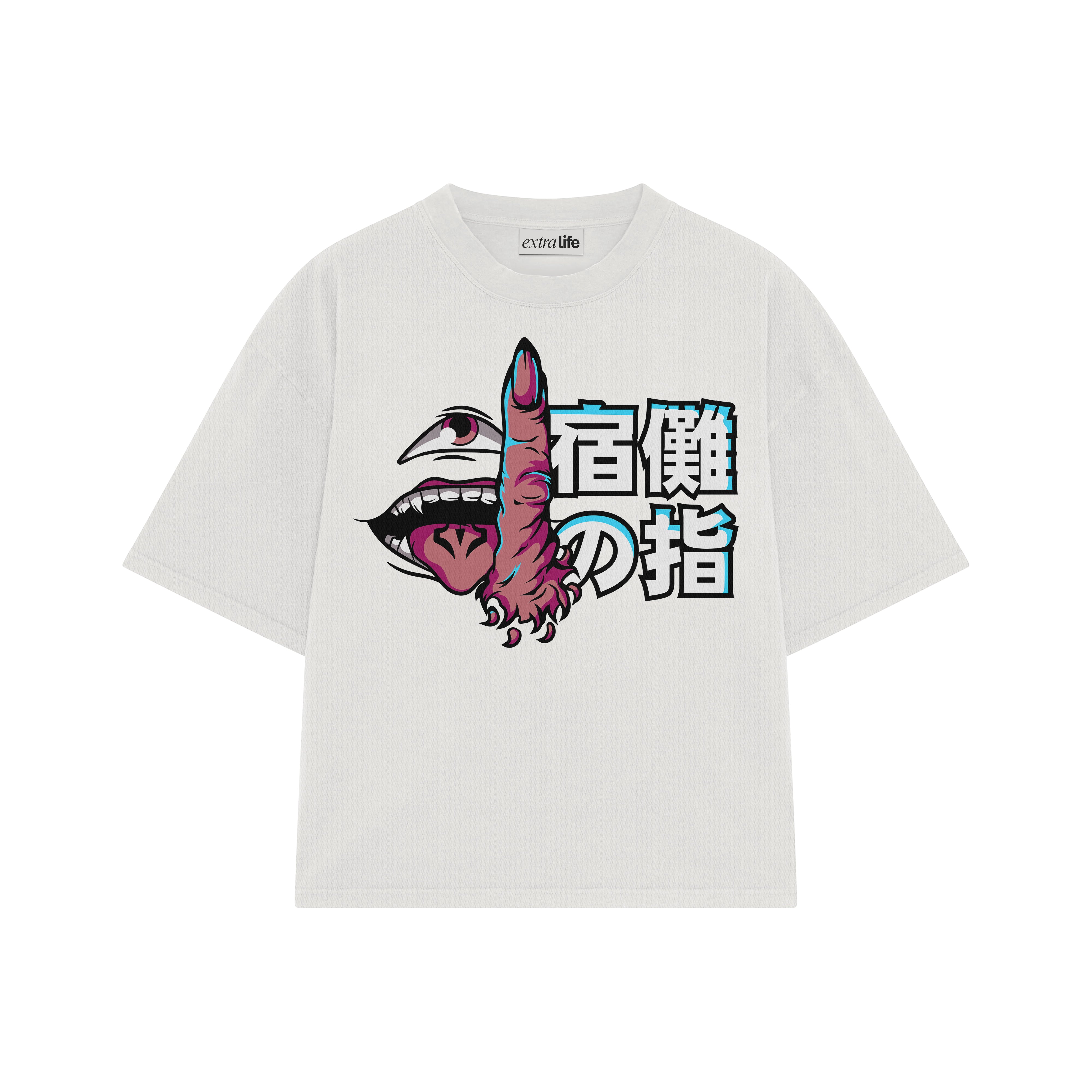 Playera streetwear premium de anime y gaming ExtraLife MX, corte boxy oversized drop shoulder heavyweight en color Deep Black y Off-White, moda urbana mexicana de culto.