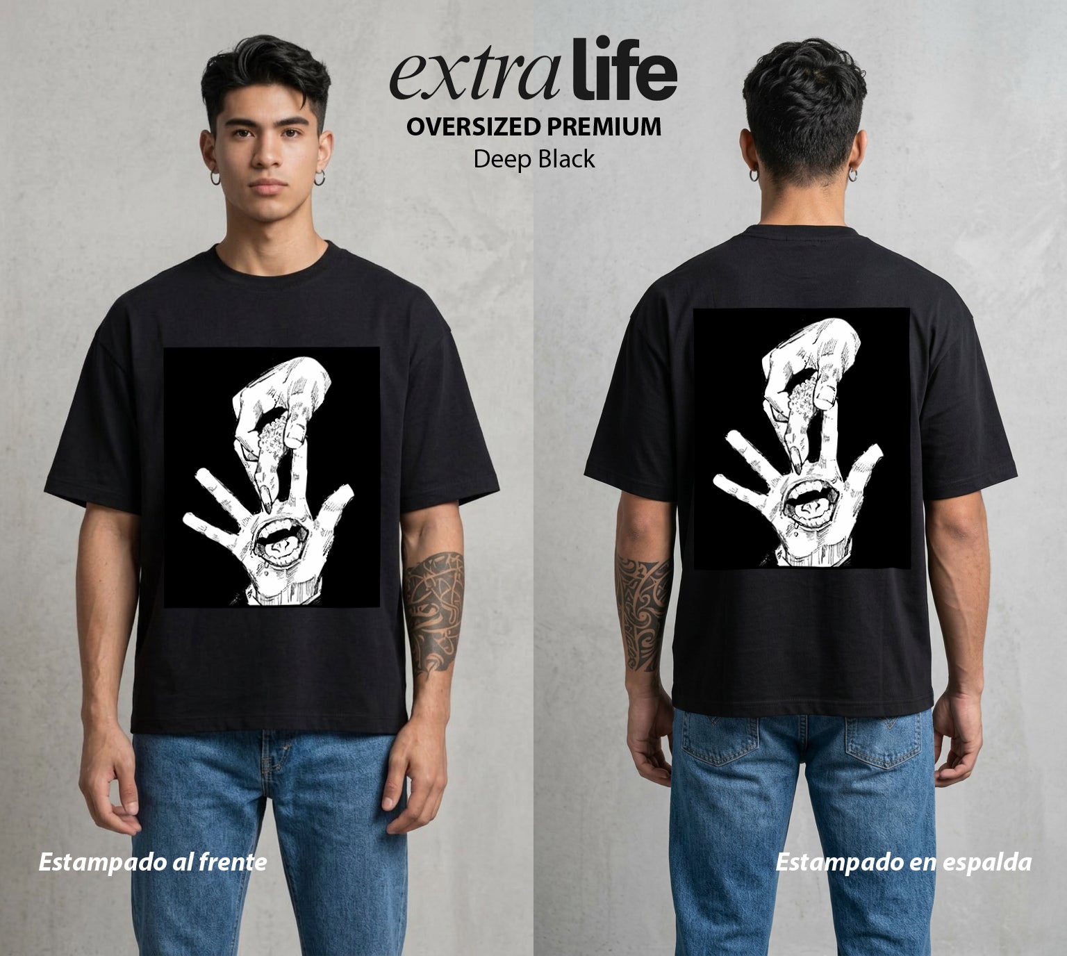 El Arte de las Maldiciones | El Rey de las Maldiciones #01946 - Playera Oversized Premium | Deep Black - Foto en modelo