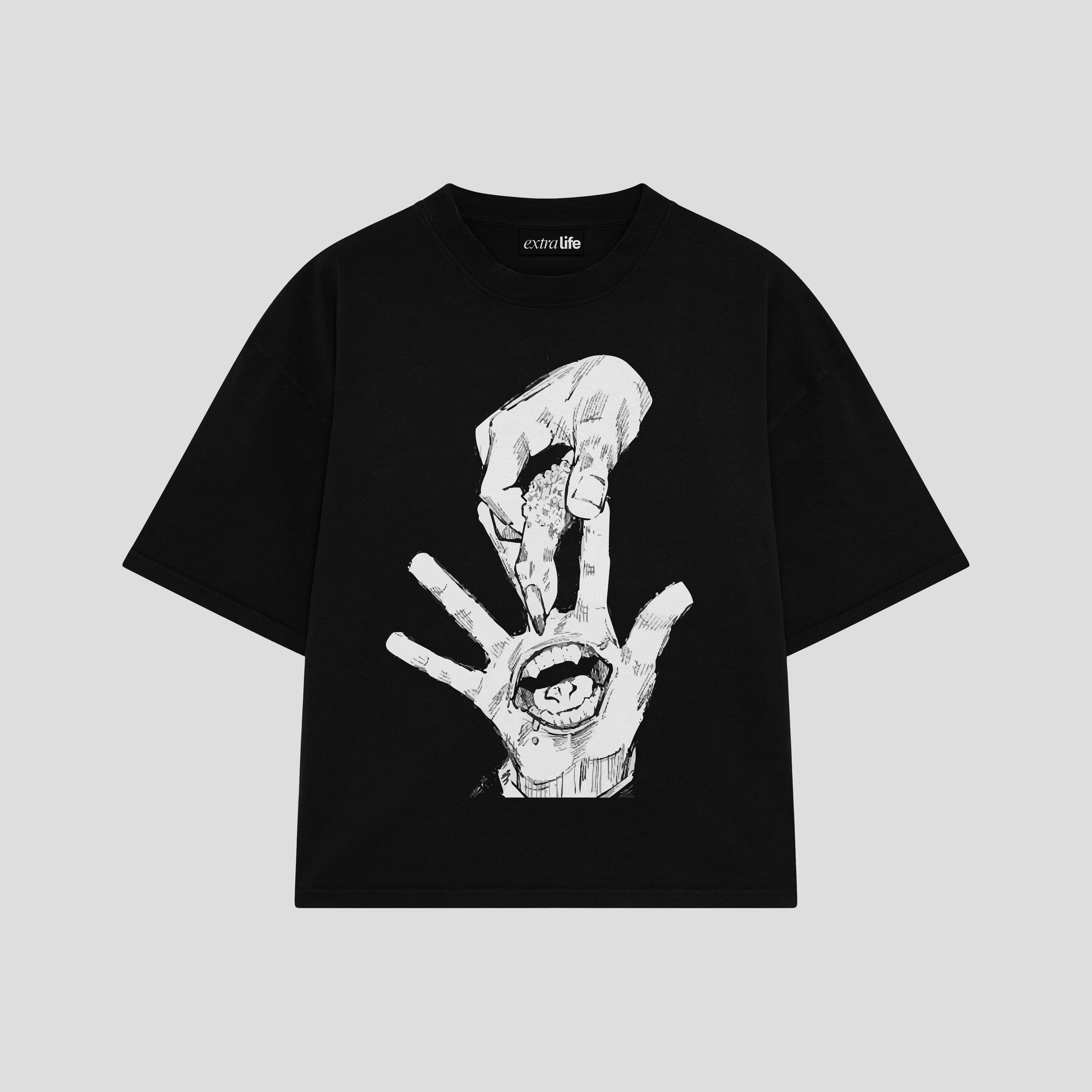 Playera streetwear premium de anime y gaming ExtraLife MX, corte boxy oversized drop shoulder heavyweight en color Deep Black y Off-White, moda urbana mexicana de culto.