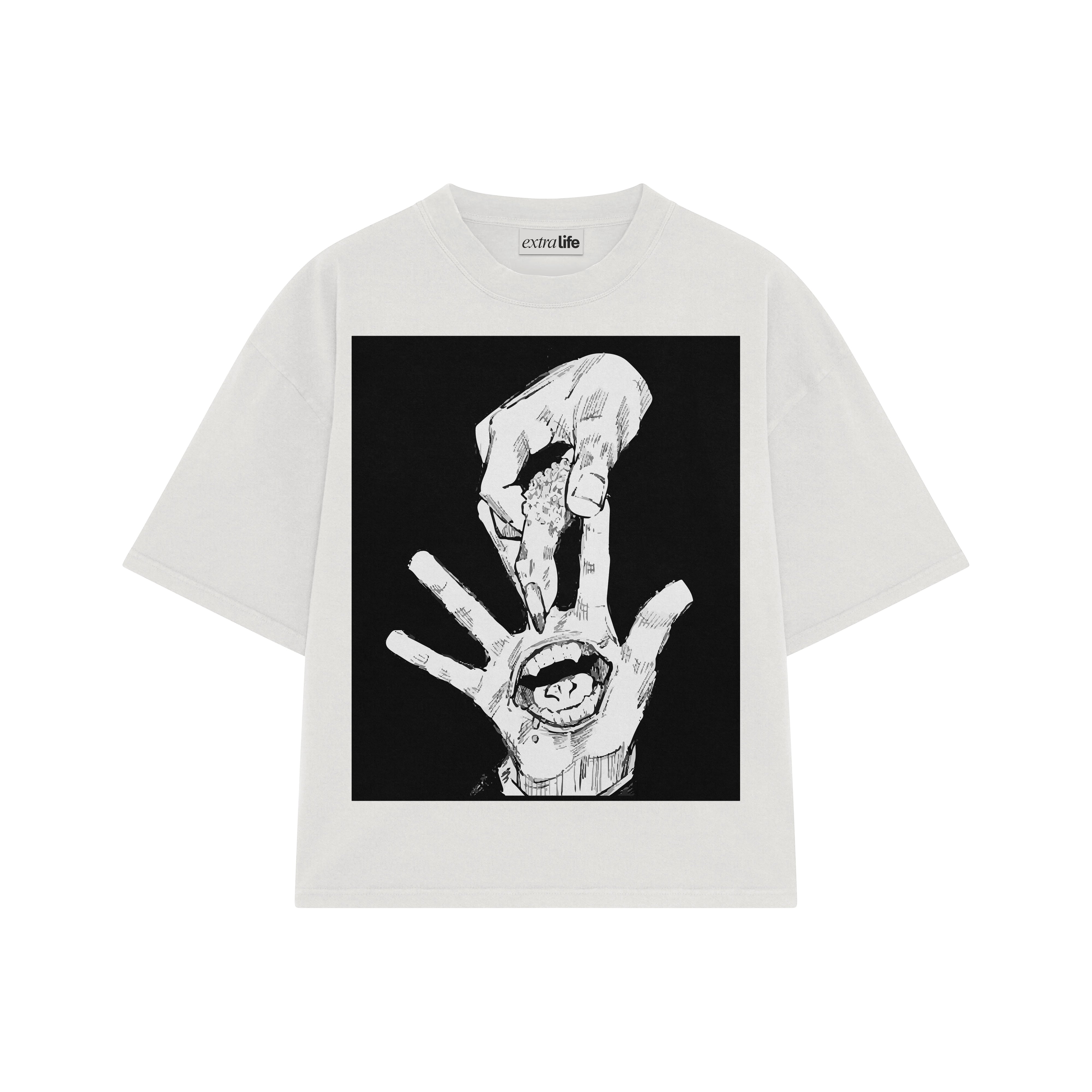 Playera streetwear premium de anime y gaming ExtraLife MX, corte boxy oversized drop shoulder heavyweight en color Deep Black y Off-White, moda urbana mexicana de culto.
