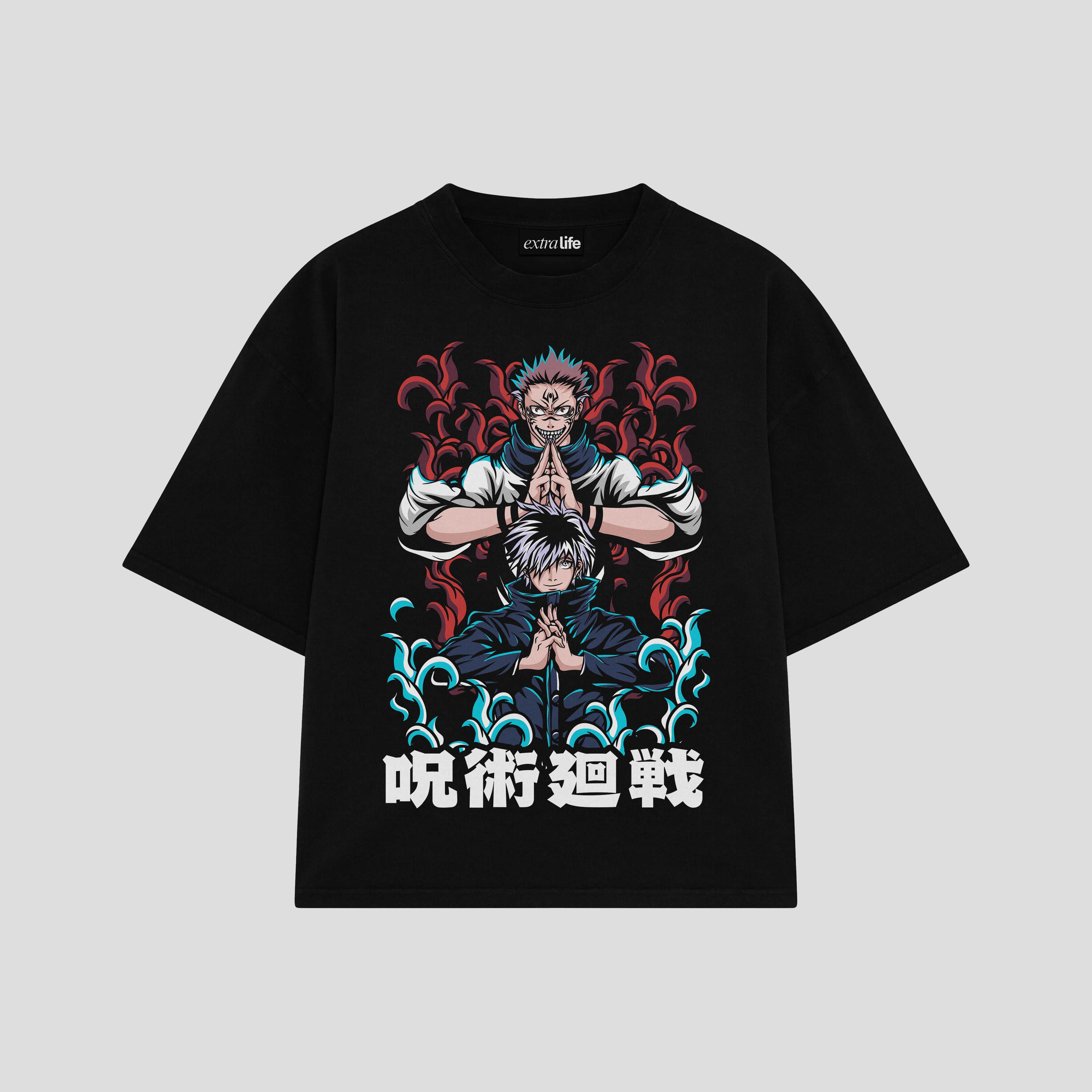 Playera streetwear premium de anime y gaming ExtraLife MX, corte boxy oversized drop shoulder heavyweight en color Deep Black y Off-White, moda urbana mexicana de culto.