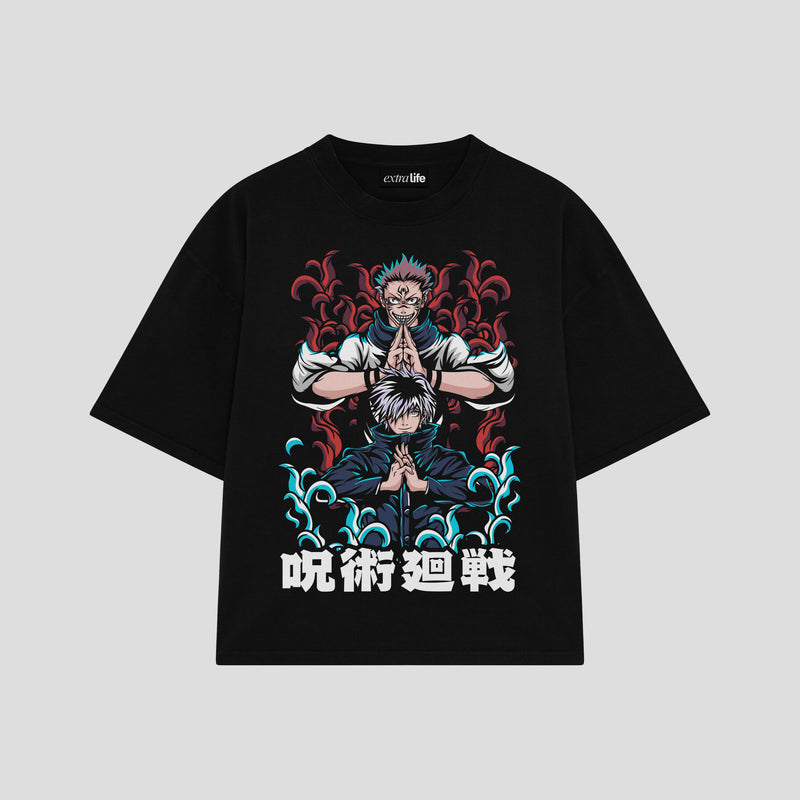 Playera streetwear premium de anime y gaming ExtraLife MX, corte boxy oversized drop shoulder heavyweight en color Deep Black y Off-White, moda urbana mexicana de culto.