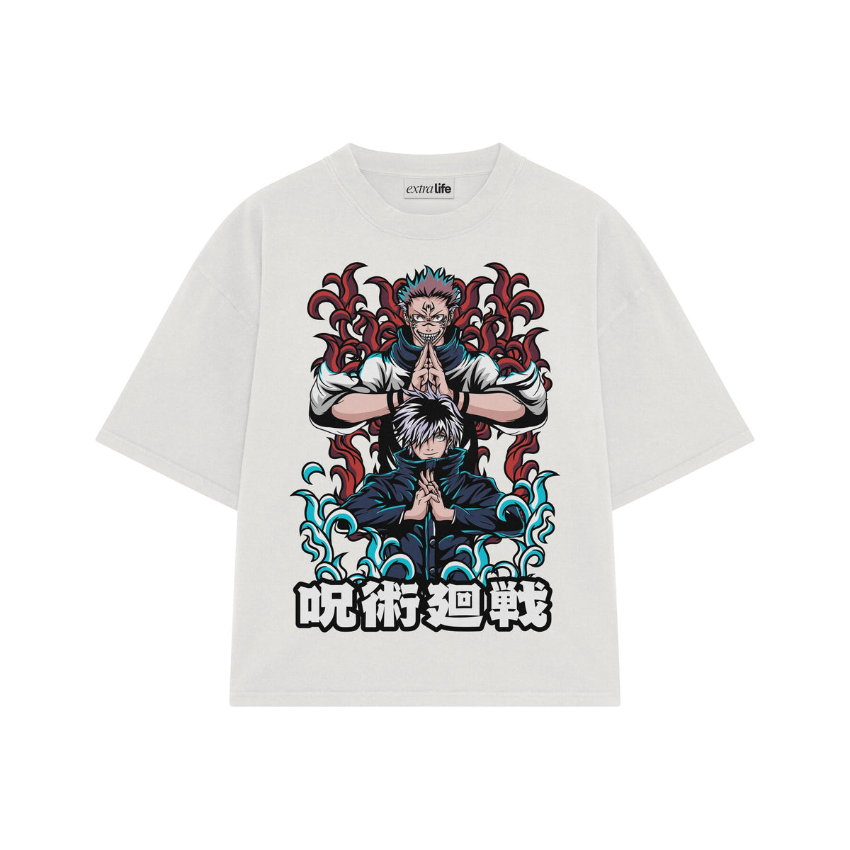 Playera streetwear premium de anime y gaming ExtraLife MX, corte oversized drop shoulder ligero y fresco en color Deep Black y Off-White, moda urbana mexicana de culto.