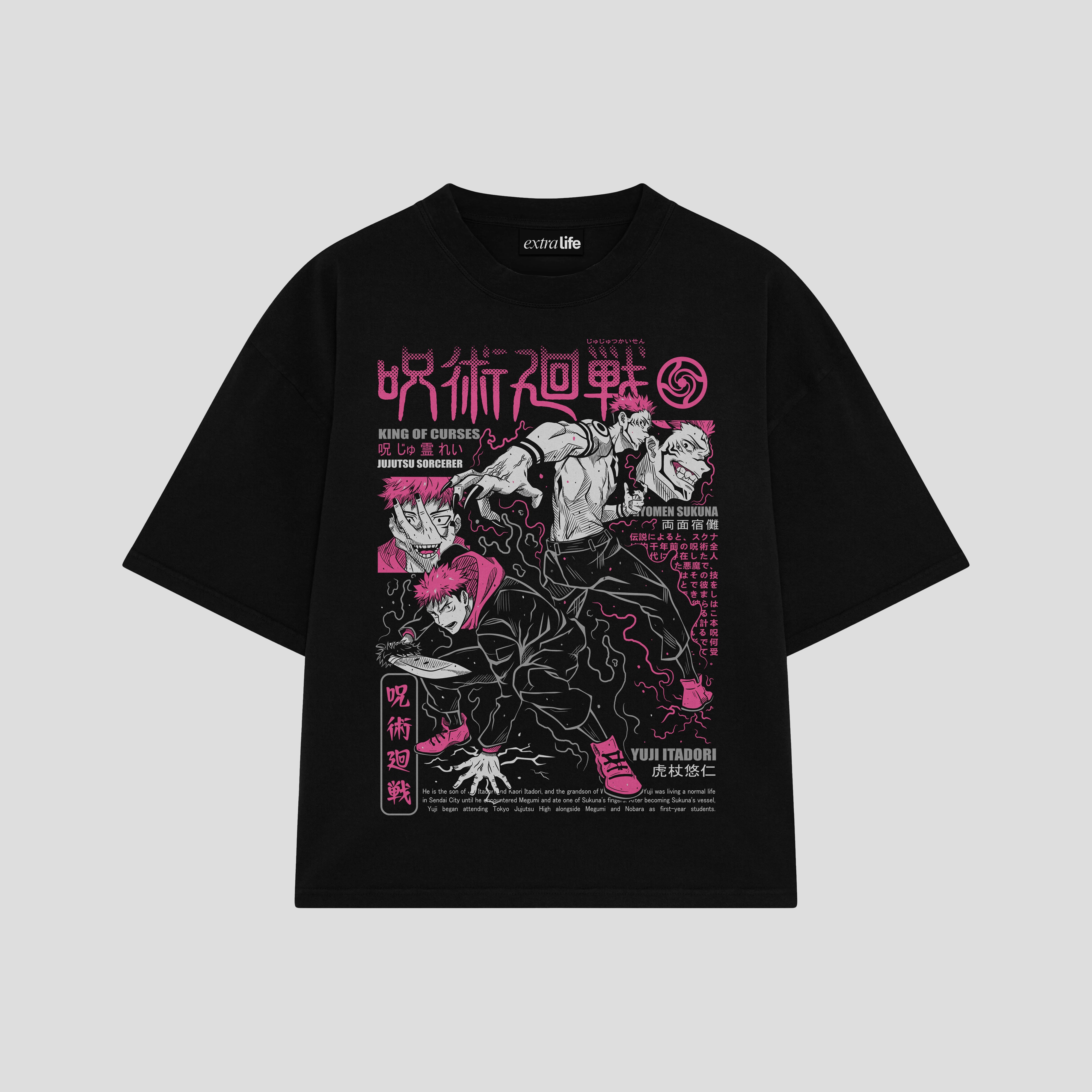 Playera streetwear premium de anime y gaming ExtraLife MX, corte boxy oversized drop shoulder heavyweight en color Deep Black y Off-White, moda urbana mexicana de culto.