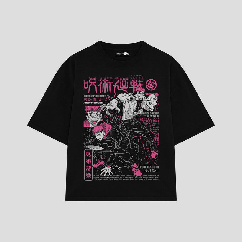 Playera streetwear premium de anime y gaming ExtraLife MX, corte boxy oversized drop shoulder heavyweight en color Deep Black y Off-White, moda urbana mexicana de culto.