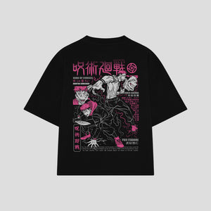 Playera streetwear premium de anime y gaming ExtraLife MX, corte boxy oversized drop shoulder heavyweight en color Deep Black y Off-White, moda urbana mexicana de culto.