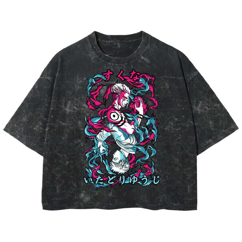 Playera streetwear premium de anime y gaming ExtraLife MX, corte boxy deluxe mineral wash heavyweight en color Acid Wash, moda urbana mexicana de culto.
