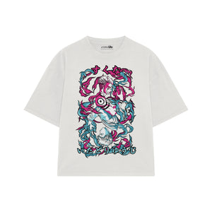 Playera streetwear premium de anime y gaming ExtraLife MX, corte boxy oversized drop shoulder heavyweight en color Deep Black y Off-White, moda urbana mexicana de culto.
