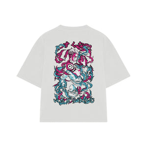 Playera streetwear premium de anime y gaming ExtraLife MX, corte boxy oversized drop shoulder heavyweight en color Deep Black y Off-White, moda urbana mexicana de culto.