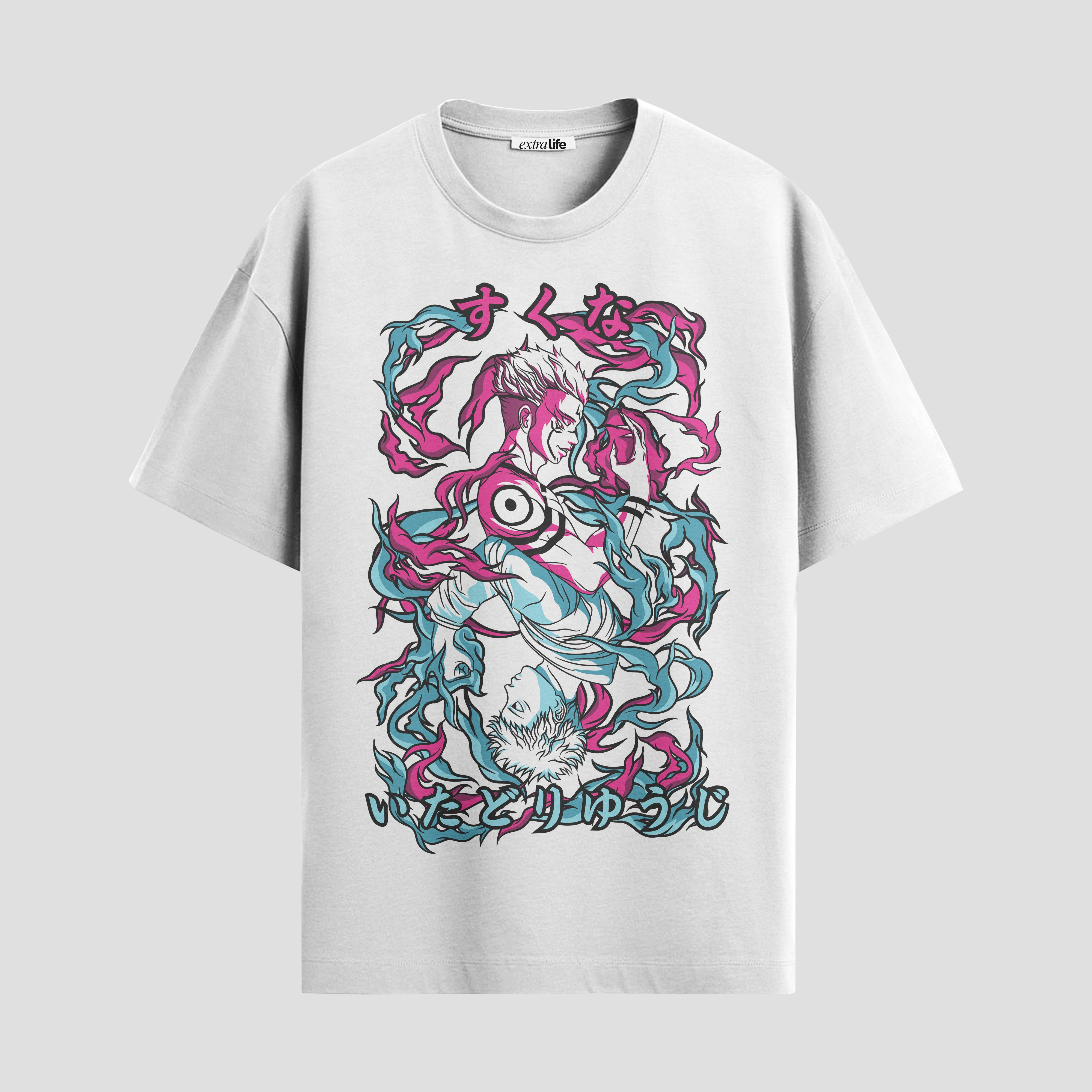Playera urbana de anime y gaming ExtraLife MX, corte Standard Fit unisex ligero y transpirable en color Deep Black y Pure White, ropa de uso diario para gym y casual.