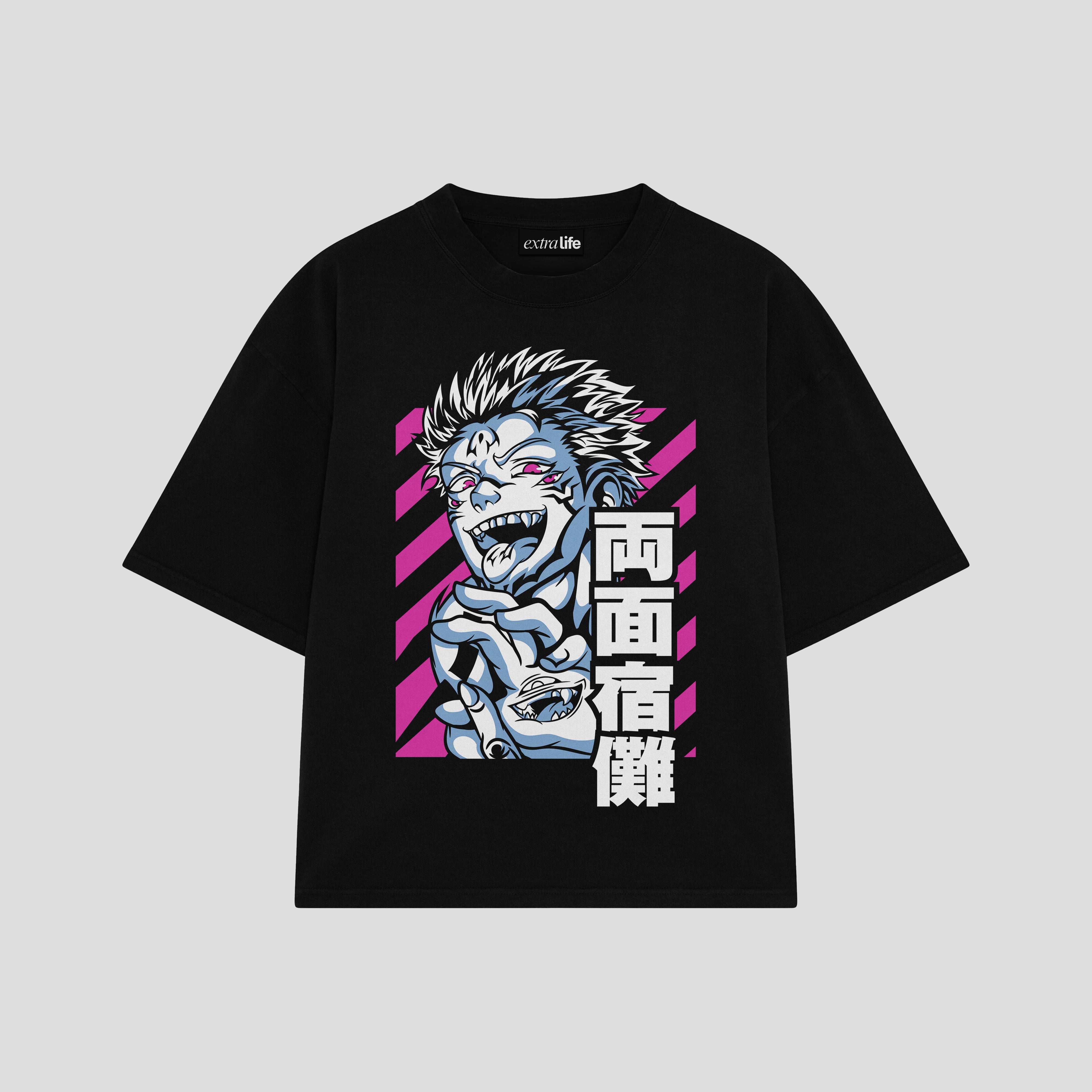 Playera streetwear premium de anime y gaming ExtraLife MX, corte boxy oversized drop shoulder heavyweight en color Deep Black y Off-White, moda urbana mexicana de culto.