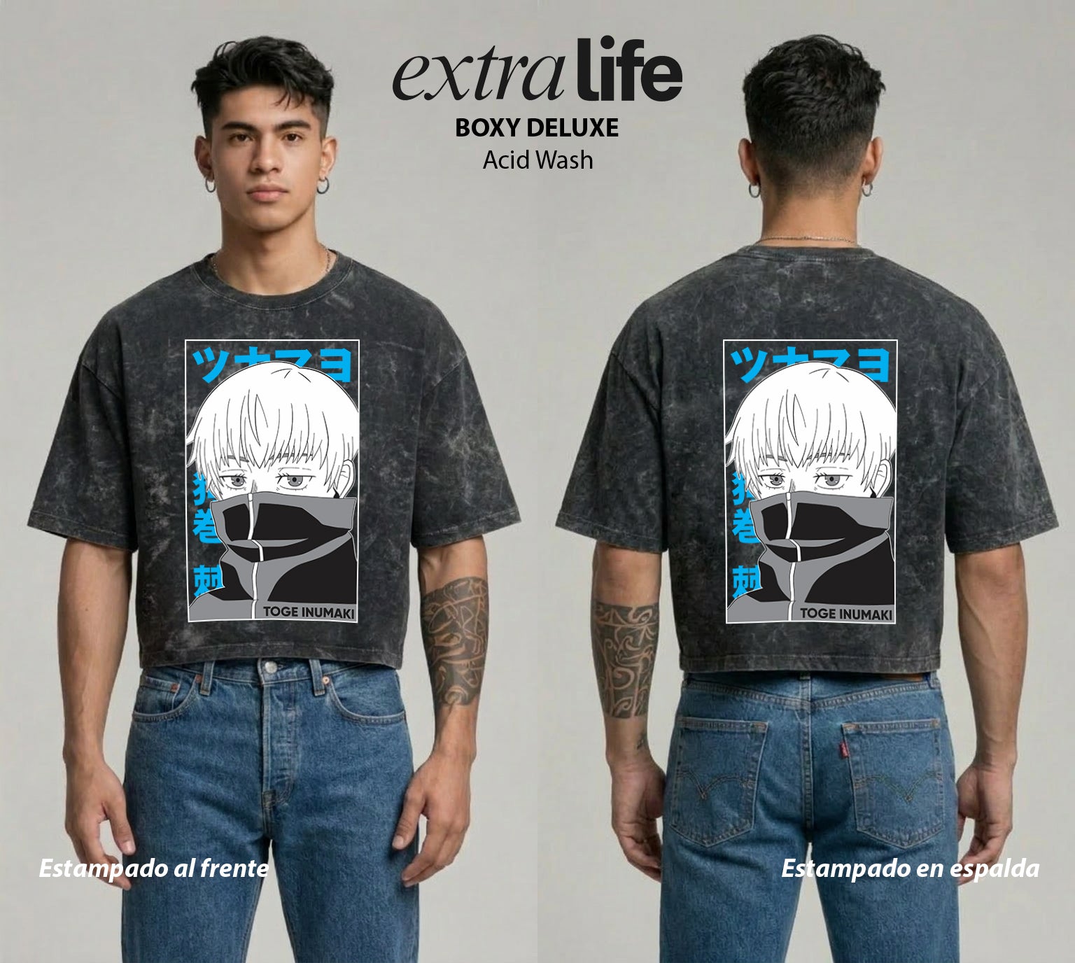 Playera streetwear premium de anime y gaming ExtraLife MX, corte boxy deluxe mineral wash heavyweight en color Acid Wash, moda urbana mexicana de culto.