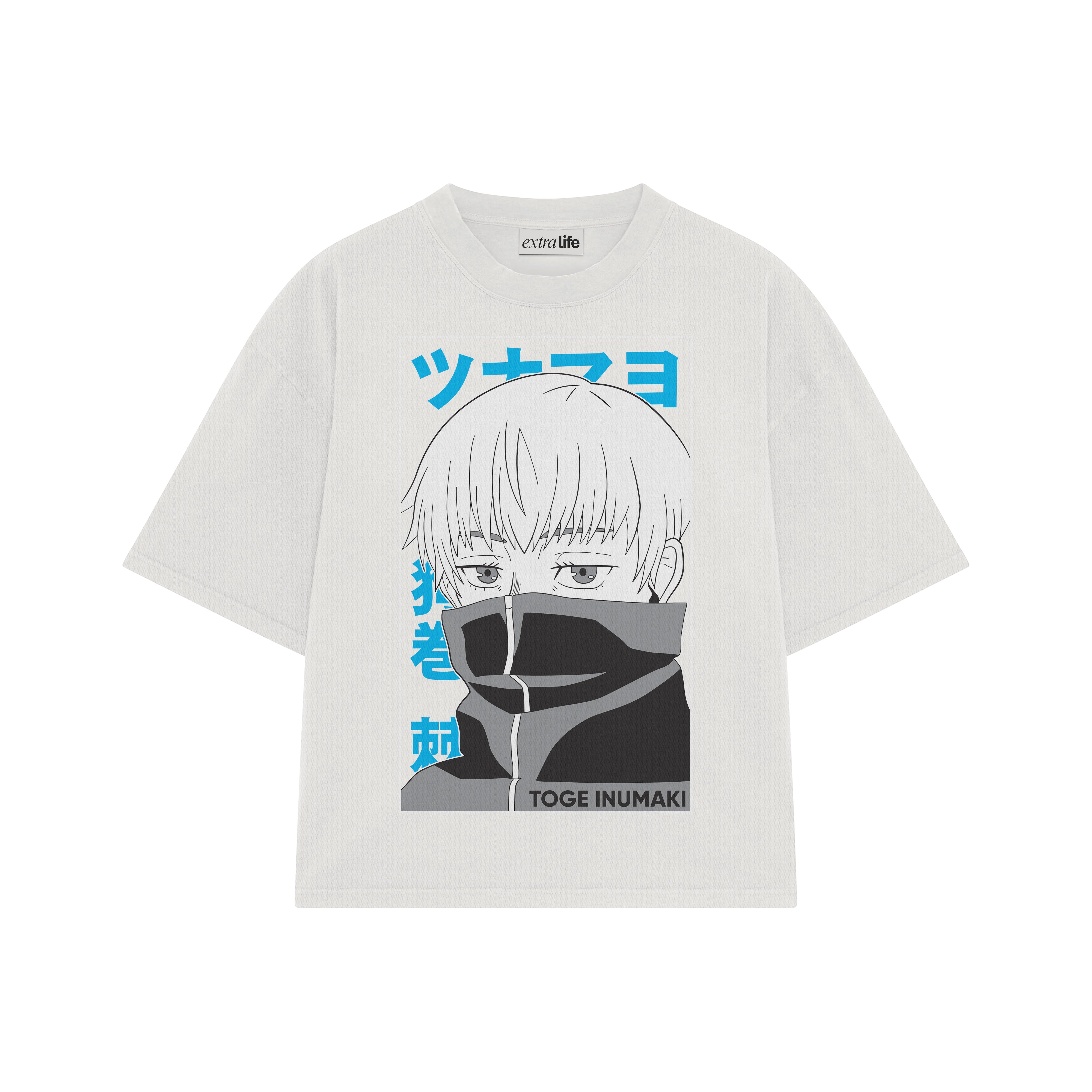 Playera streetwear premium de anime y gaming ExtraLife MX, corte boxy oversized drop shoulder heavyweight en color Deep Black y Off-White, moda urbana mexicana de culto.