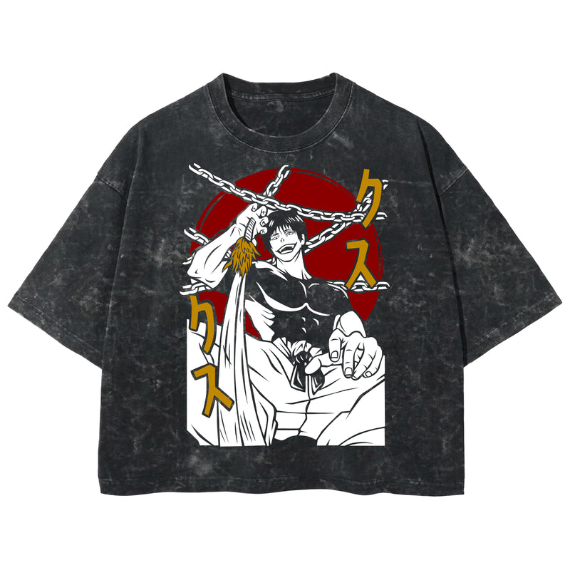 Playera streetwear premium de anime y gaming ExtraLife MX, corte boxy deluxe mineral wash heavyweight en color Acid Wash, moda urbana mexicana de culto.